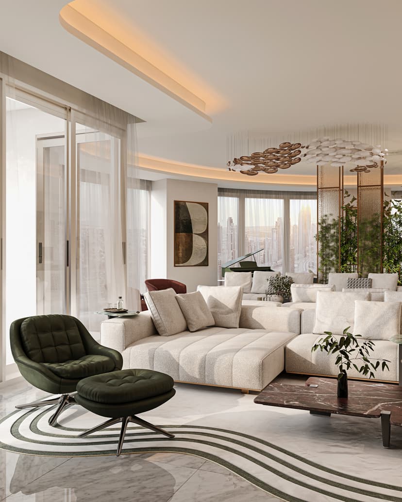 Elegant villa living room with ambient lighting