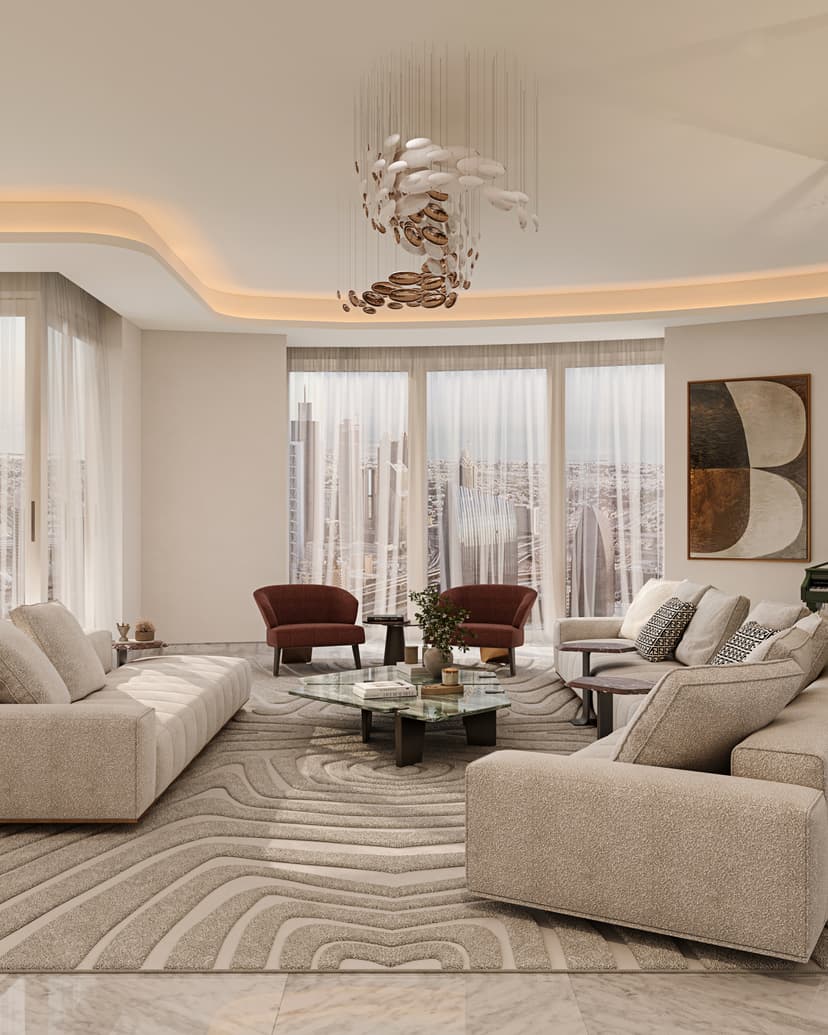 Elegant villa living room with ambient lighting