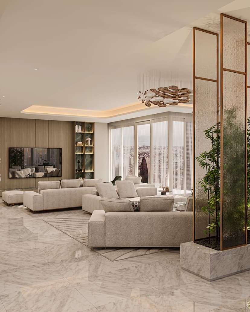 Elegant villa living room with ambient lighting