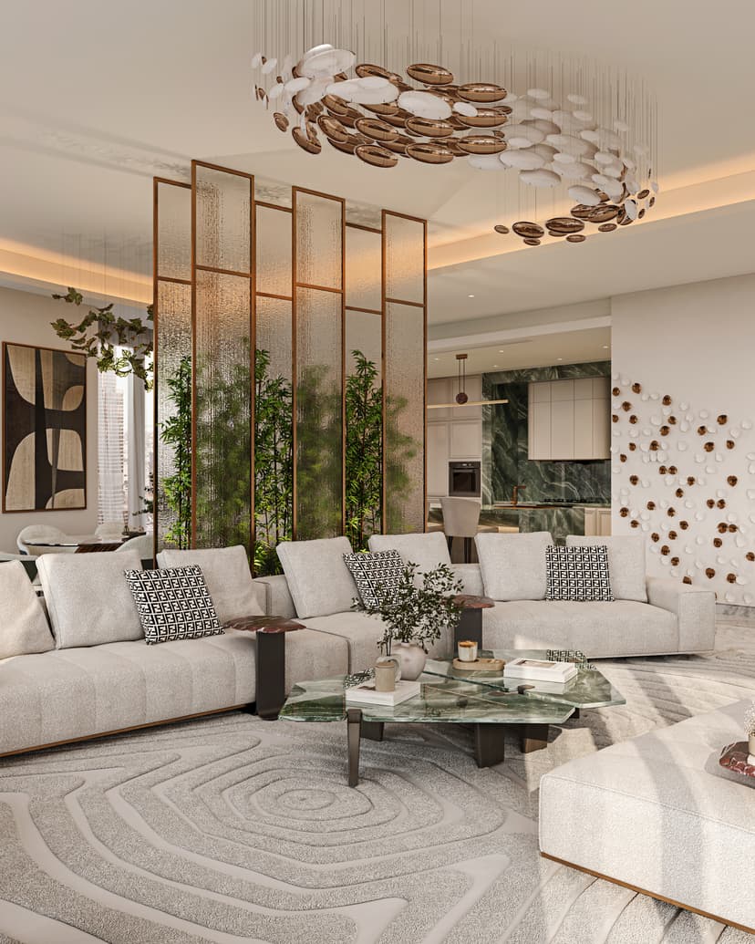 Elegant villa living room with ambient lighting