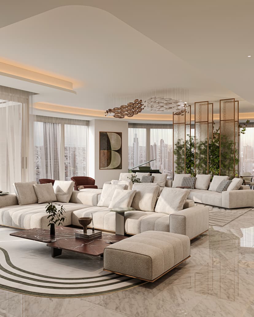 Elegant villa living room with ambient lighting