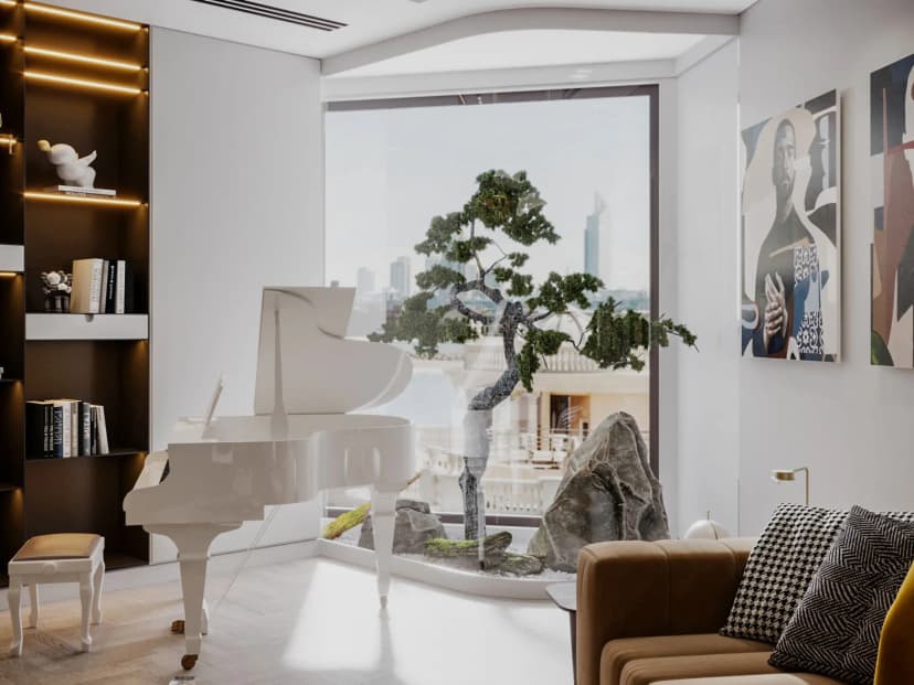 Elegant villa living room with ambient lighting