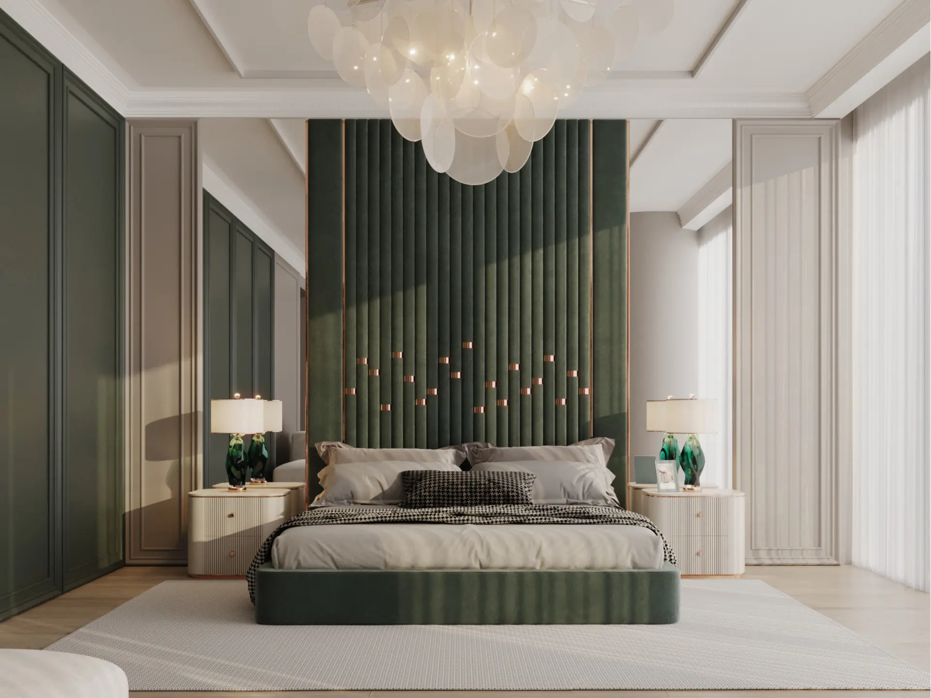 Luxury villa interior with white marble flooring and gold accents