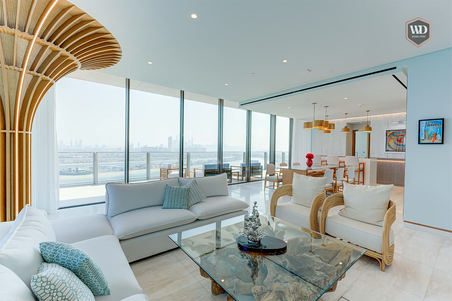 Luxury villa interior with white marble flooring and gold accents