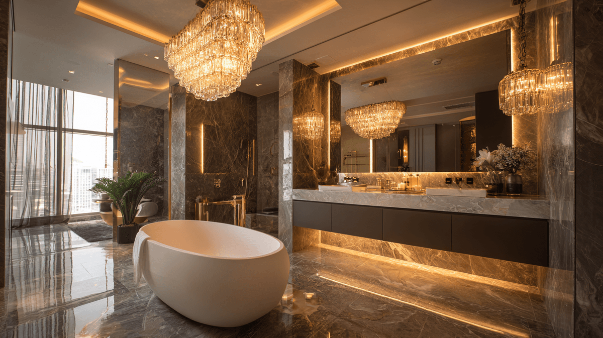 High-end bathrooms using chandelier lighting