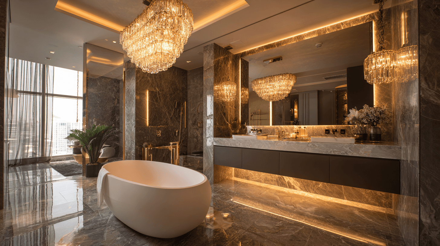 Luxury Dubai living room with dramatic chandelier centerpiece