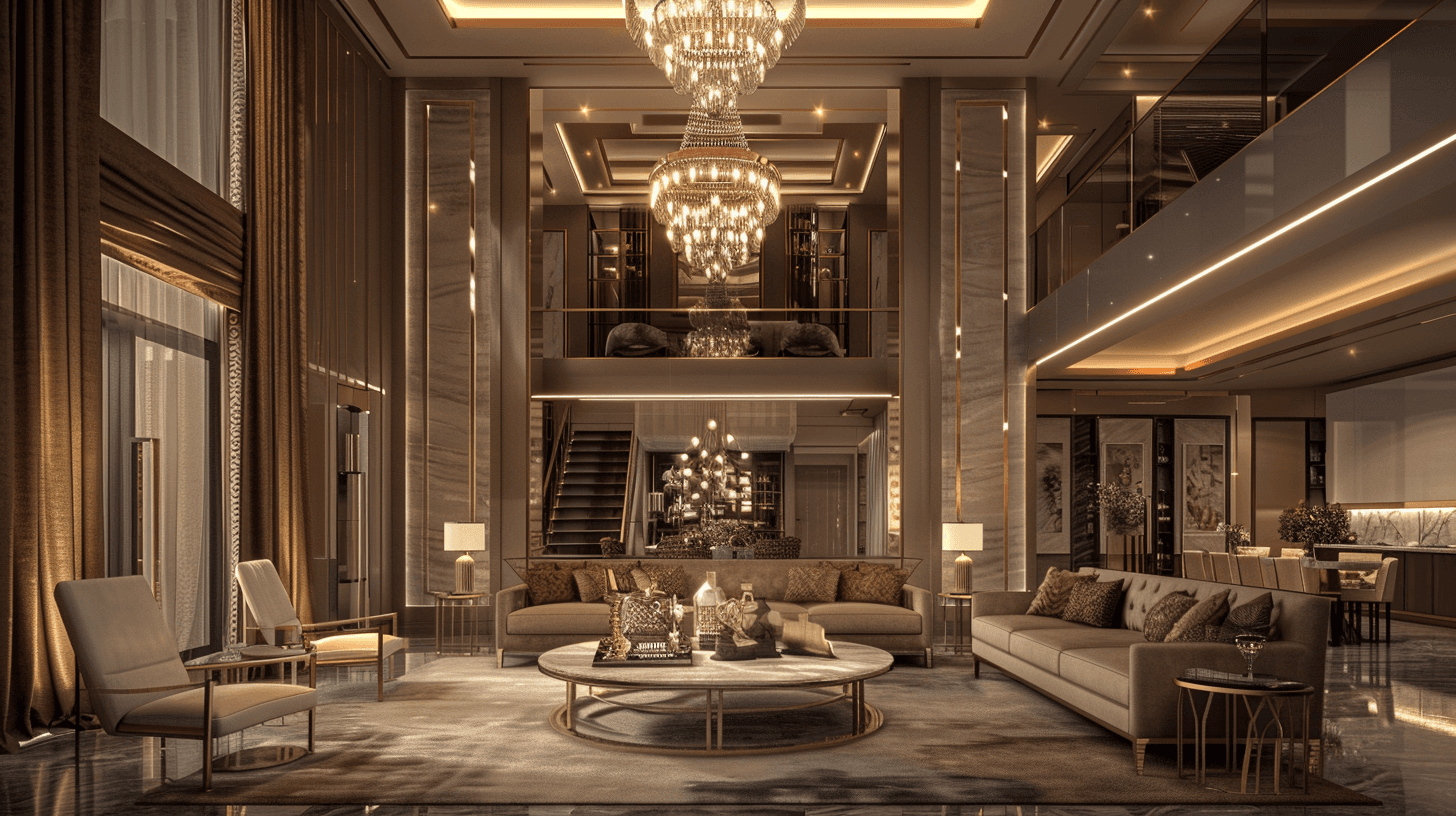 Luxury Dubai living room with dramatic chandelier centerpiece