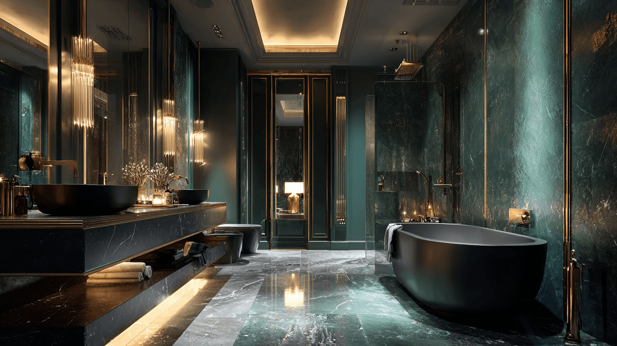 Luxury bathroom interior in Dubai apartment featuring bold accent design