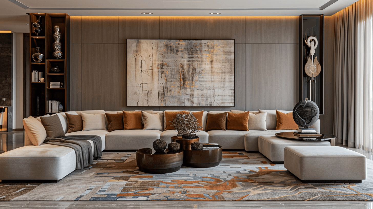 Luxury living room Dubai with abstract wall art