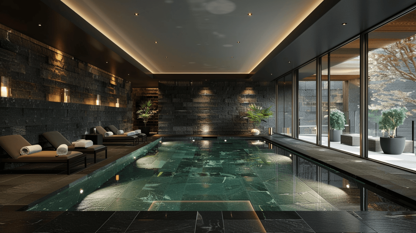 Luxury villa interior with white marble flooring and gold accents