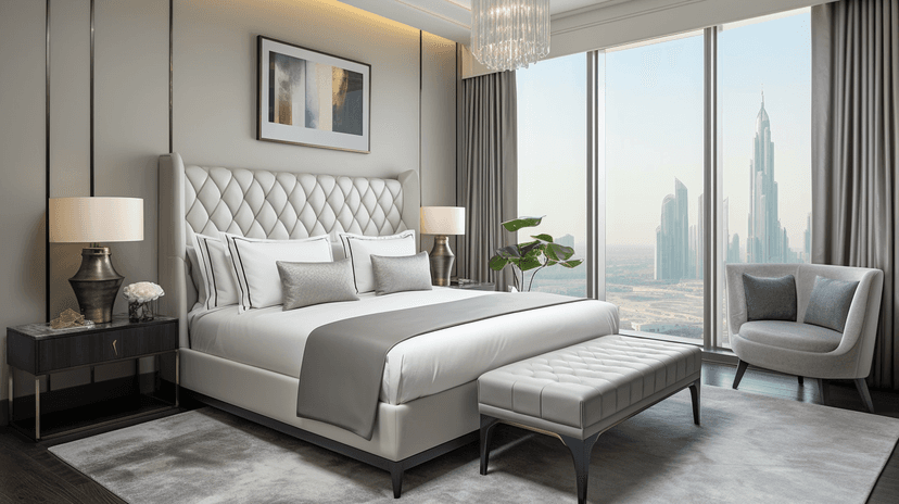 Bedroom with neutral tones and wall paneling
