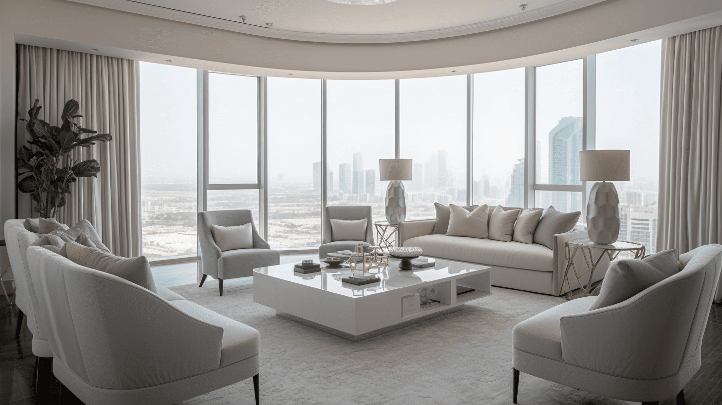 Luxury villa interior with white marble flooring and gold accents