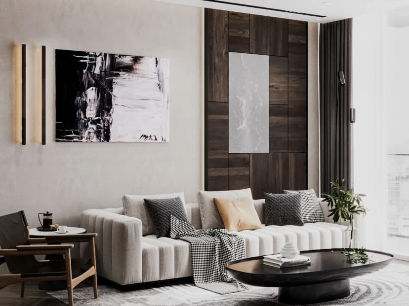 Private lounge with artistic wall décor and leather seating