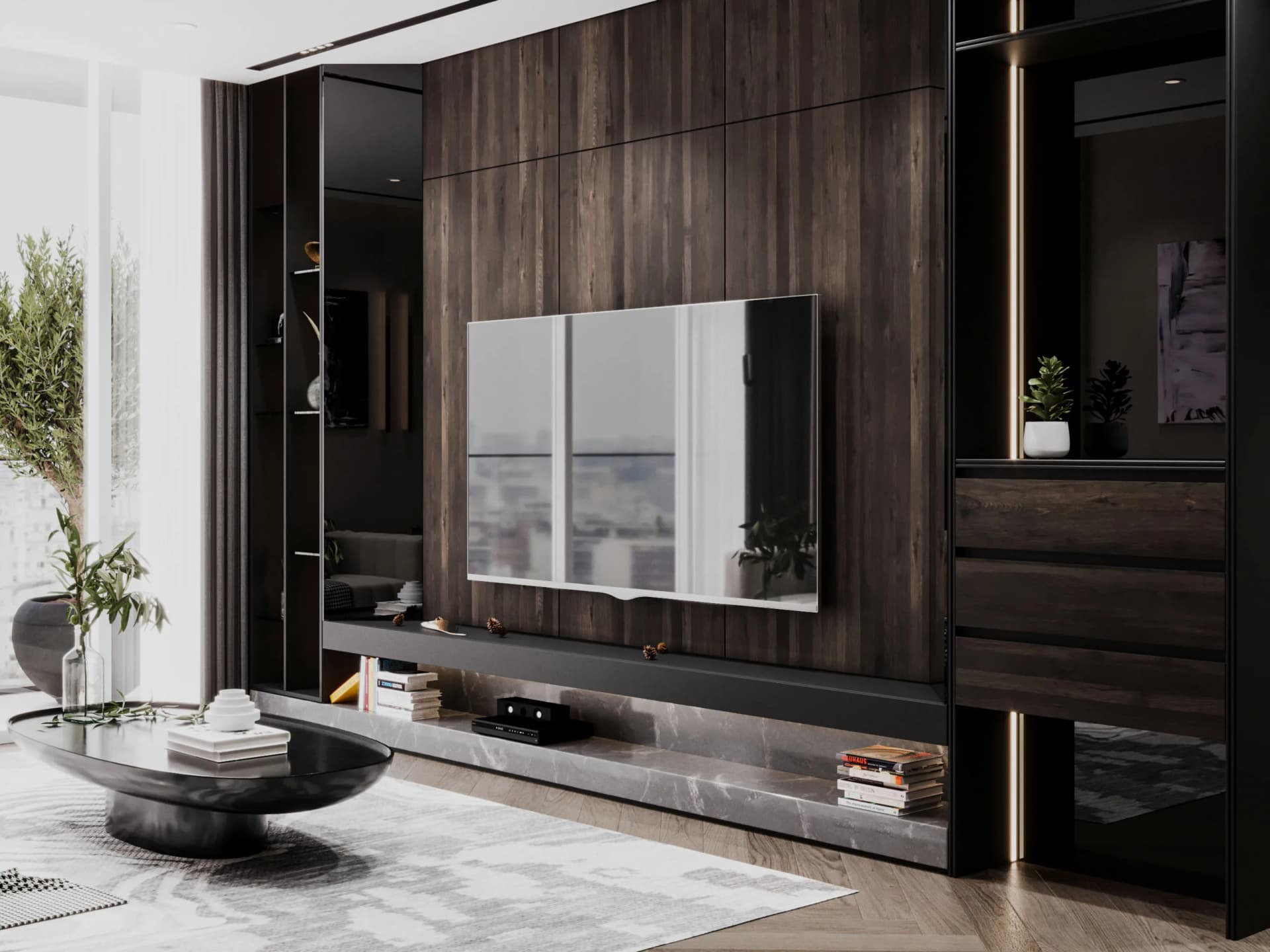 Luxury villa interior with white marble flooring and gold accents