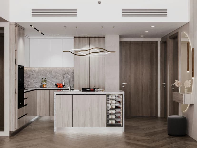 Modern kitchen design with marble countertops
