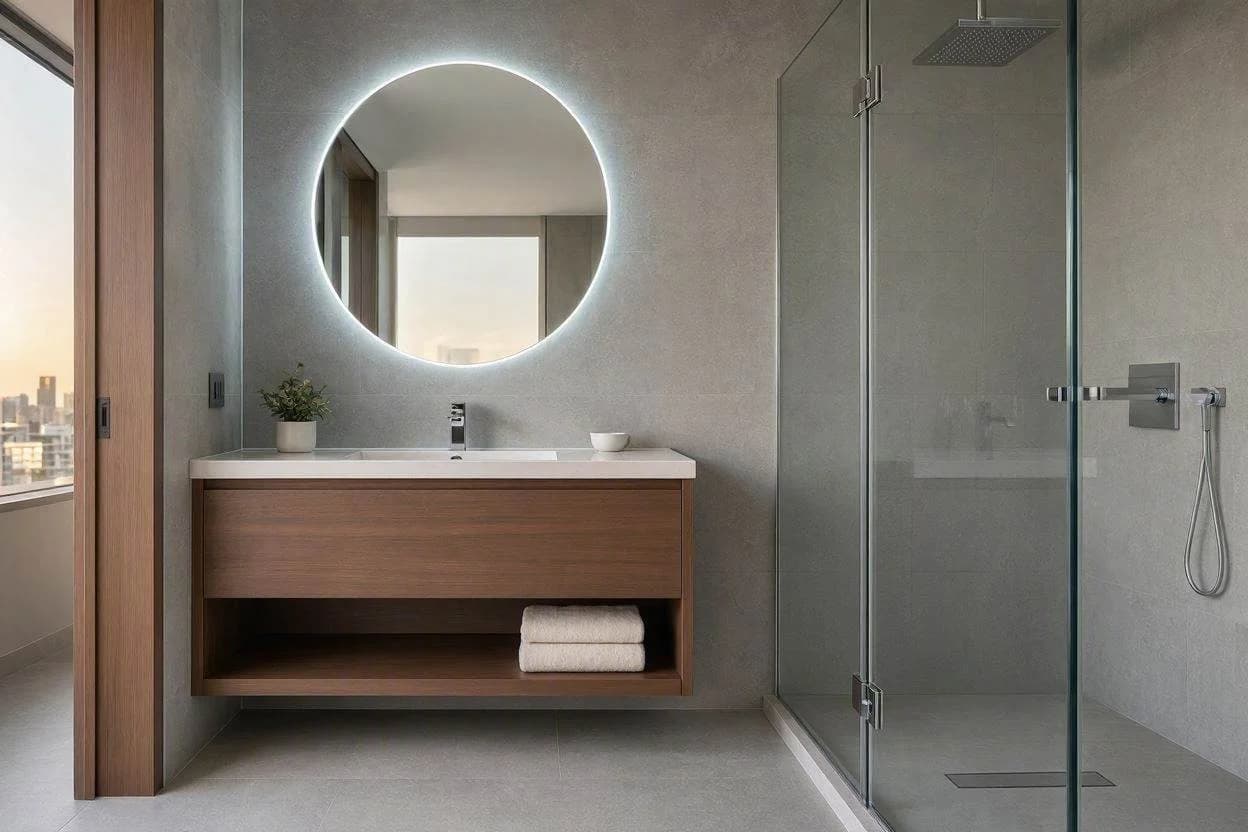 Contemporary green and white bathroom renovation in a Dubai apartment