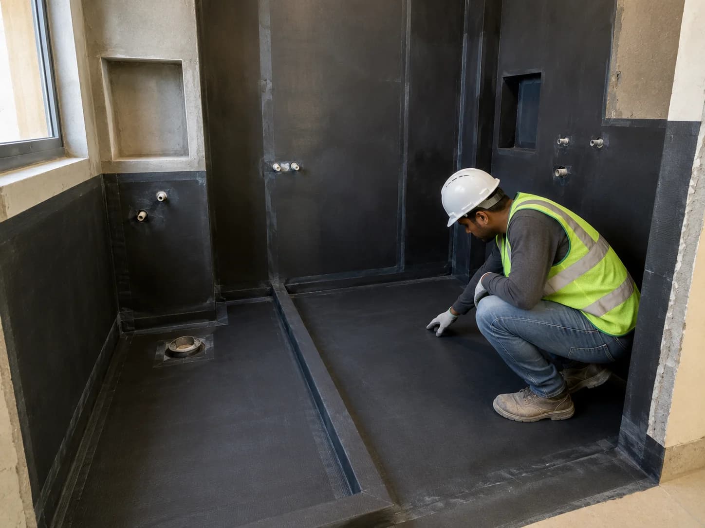 Bathroom waterproofing membrane installed before tiling in Dubai