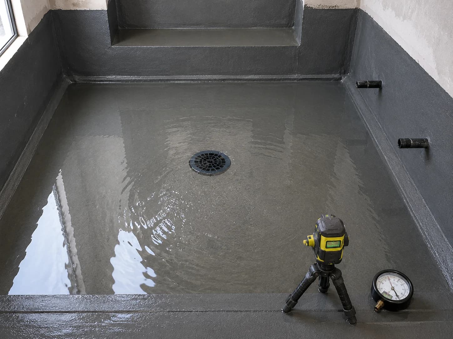 Bathroom waterproofing flood test before tiling in Dubai