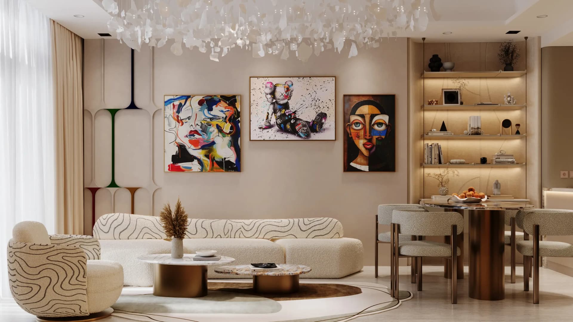 Luxury villa interior with white marble flooring and gold accents