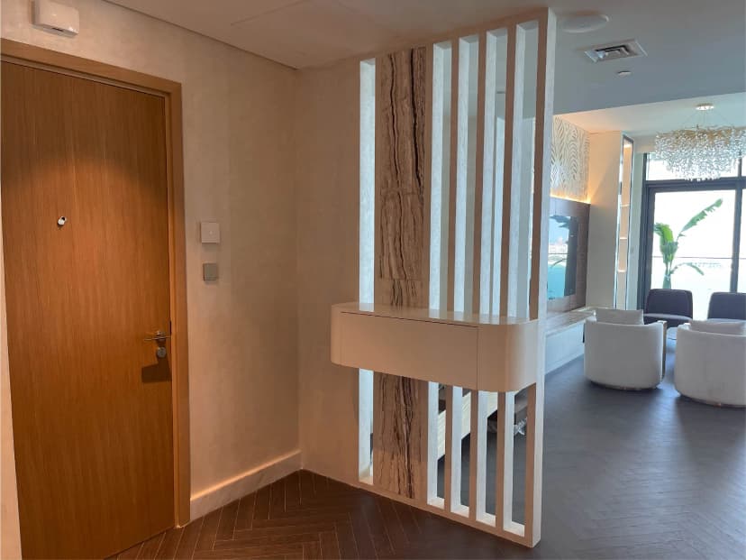 Private lounge with artistic wall décor and leather seating