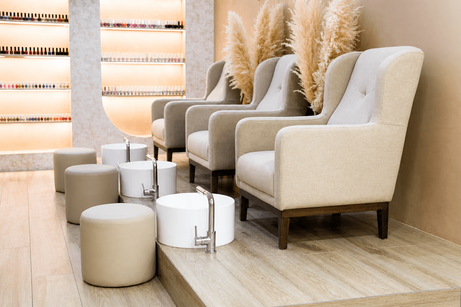 Modern beauty salon pedicure lounge with soft textures