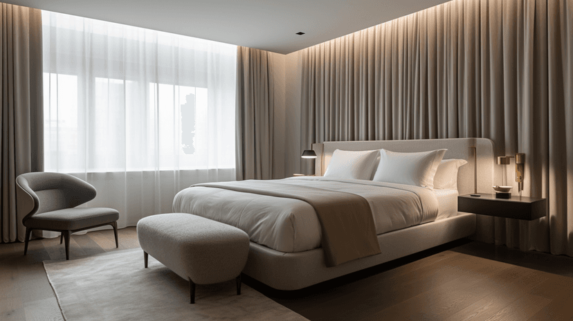Bedroom with neutral tones and wall paneling