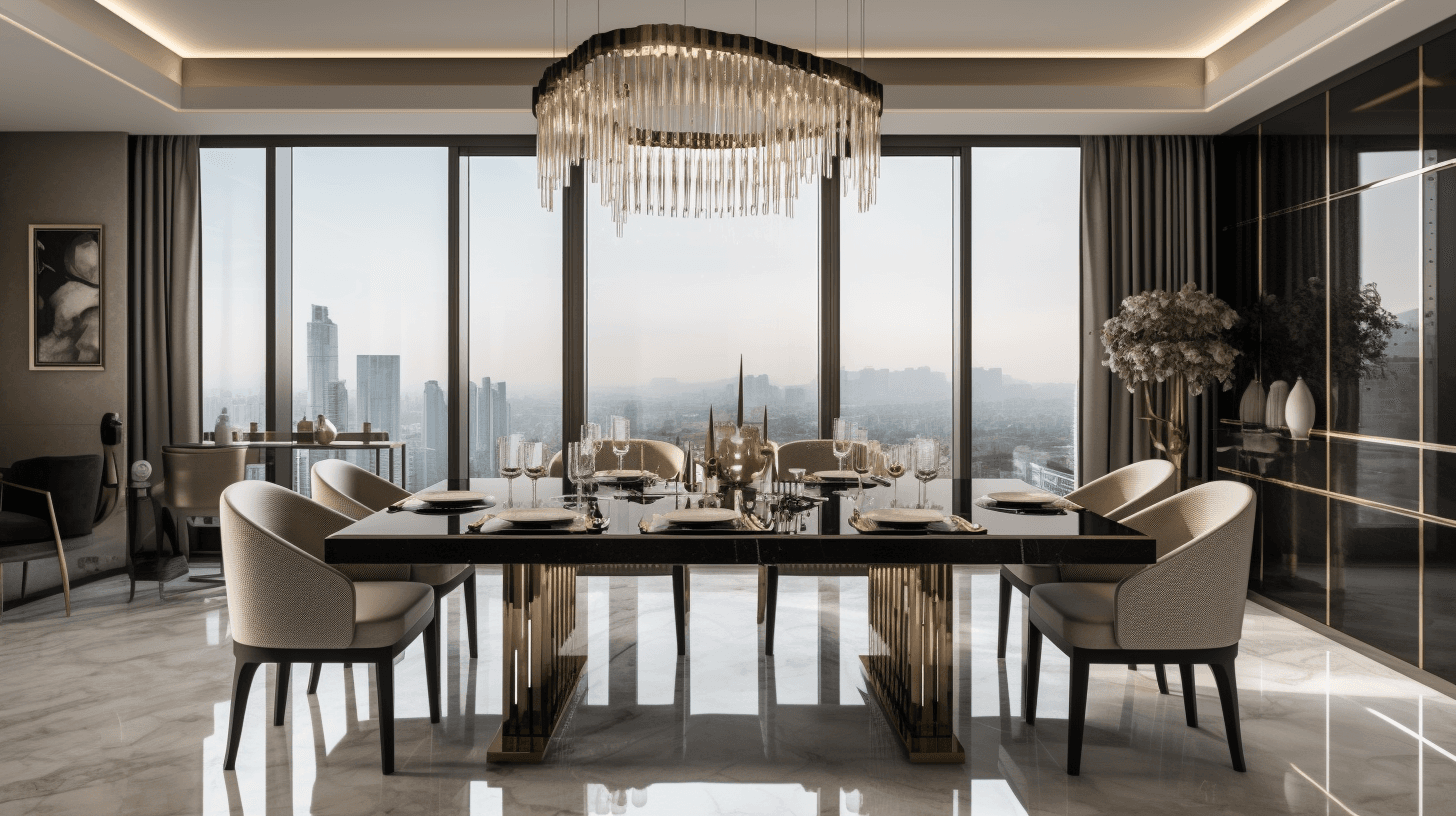 Luxury villa interior with white marble flooring and gold accents