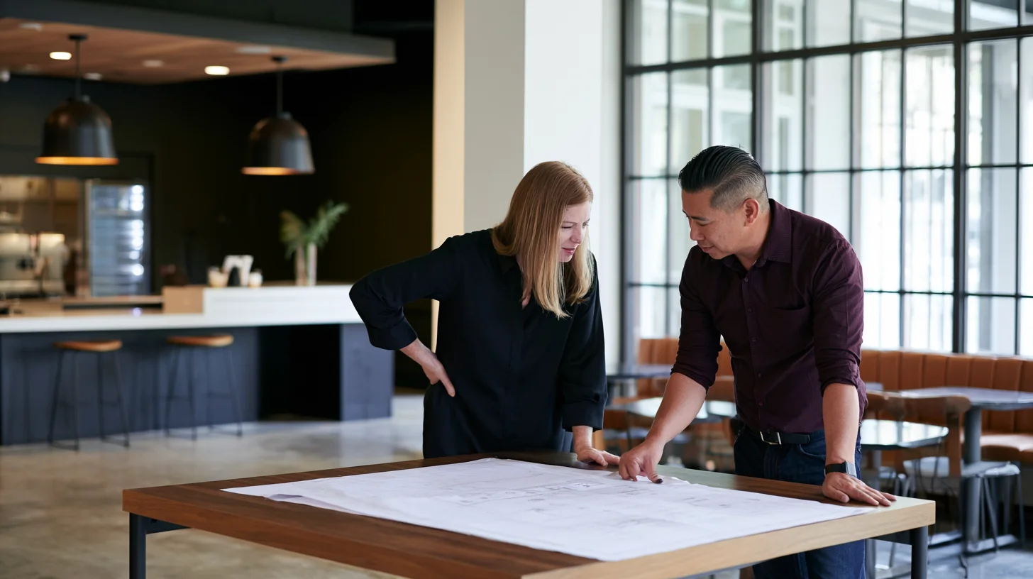 Cafe interior designer and contractor reviewing architectural drawings
