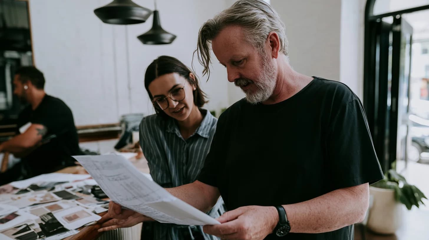 Cafe owner reviewing fit-out costs and invoices