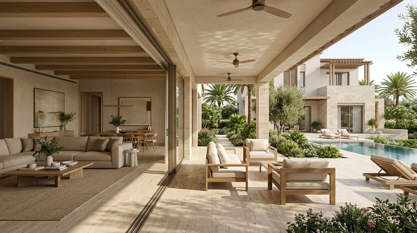 Indoor-outdoor living area designed for Dubai villa climate