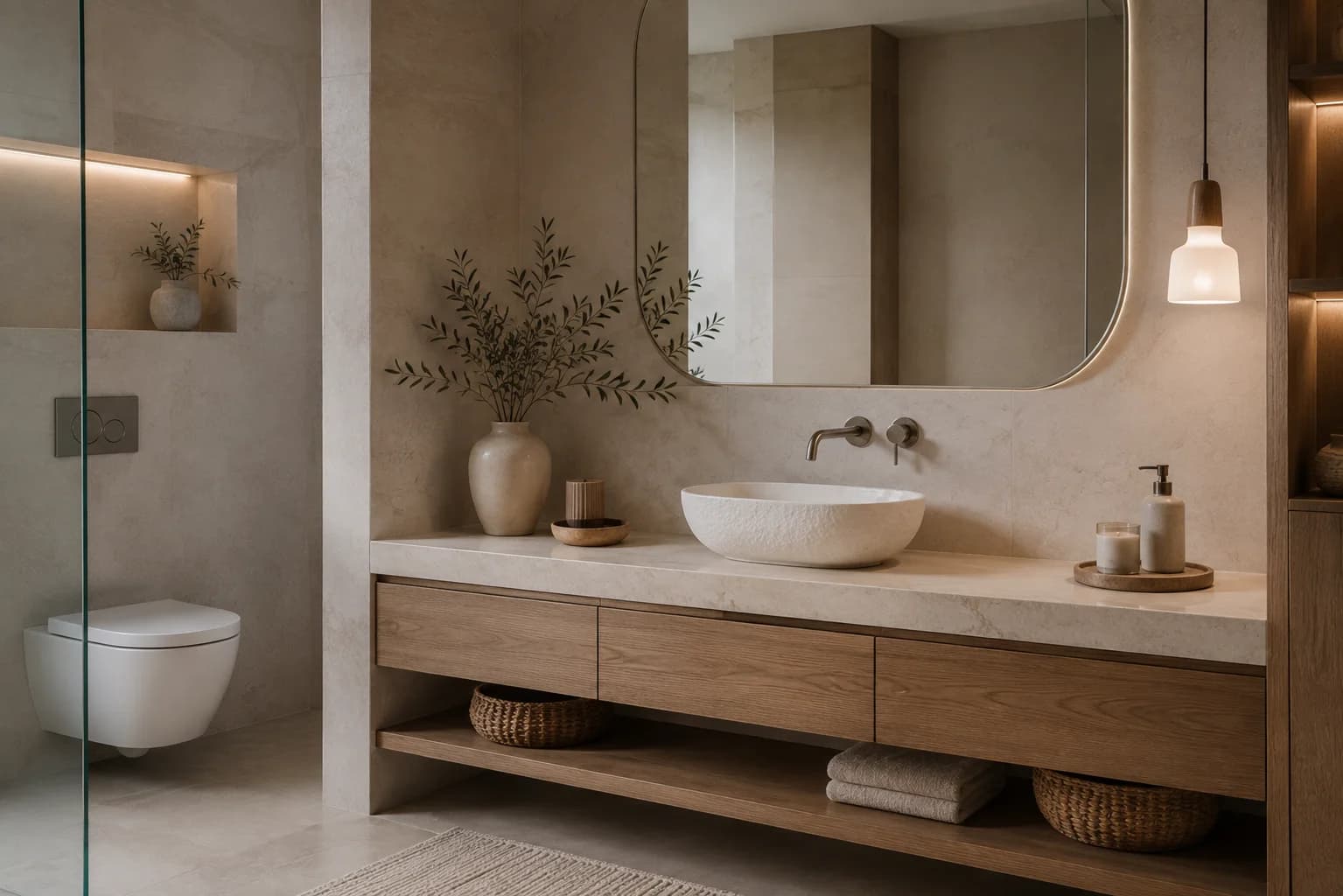 Custom oak floating bathroom vanity and rounded mirror in Dubai