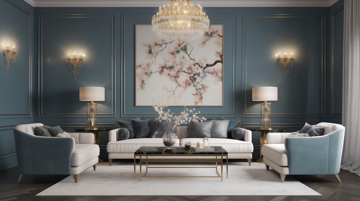 Luxury villa interior with white marble flooring and gold accents