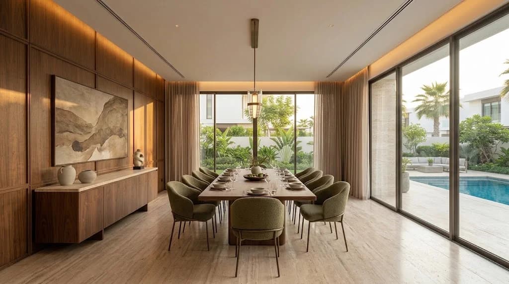 Villa dining room with walnut table and olive chairs, District One, Dubai