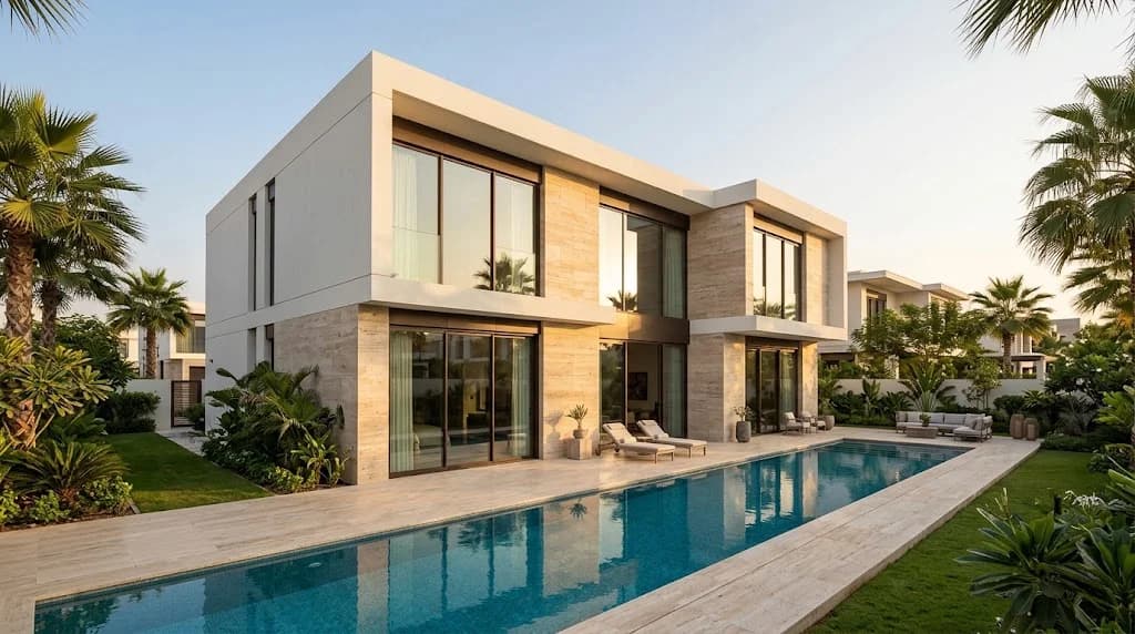 Contemporary District One villa exterior with travertine facade and pool, MBR City