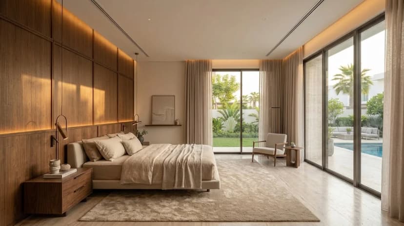 Contemporary master bedroom in a District One villa