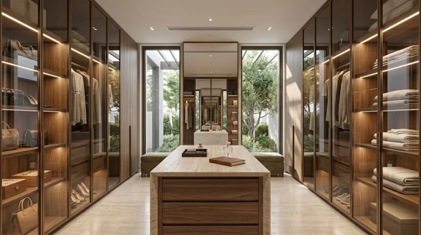 Contemporary walk-in wardrobe in a District One villa
