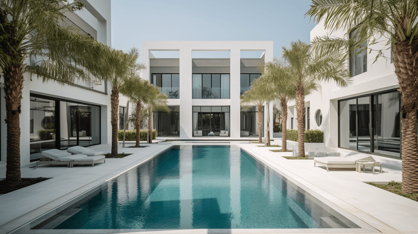 Luxury villa interior with white marble flooring and gold accents
