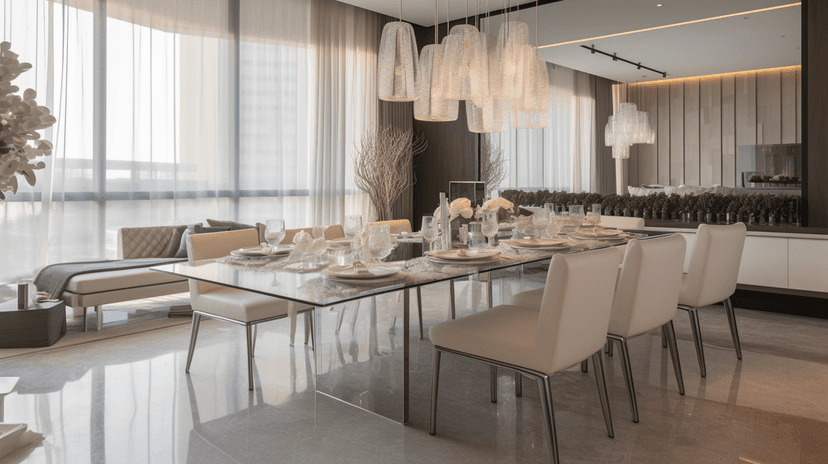 Dining area with glass table and cluster of pendant lights, District One contemporary villa, MBR City