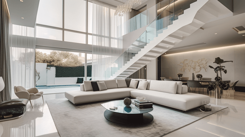 Double-height living room with glass staircase and low sectional sofa, District One villa, MBR City