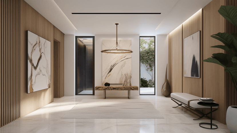 Villa foyer with vertical timber slat wall and live-edge console table, District One, MBR City