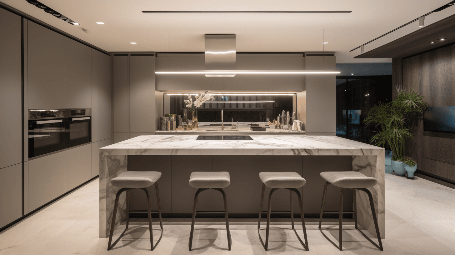 Villa kitchen with stone-clad island and handleless cabinetry, District One, Dubai