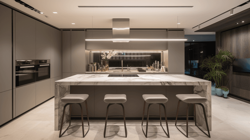 Contemporary kitchen with stone-clad island, bar seating and handleless cabinetry, District One villa