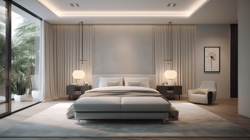 Second bedroom with tray ceiling, cove lighting and garden view, District One contemporary villa