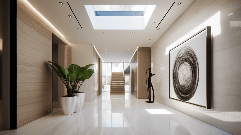 Skylit entrance corridor with marble-look flooring and statement artwork, District One villa