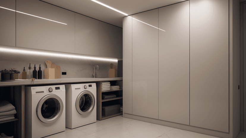 Laundry room with full-height fitted joinery and stacked washer-dryer, District One contemporary villa