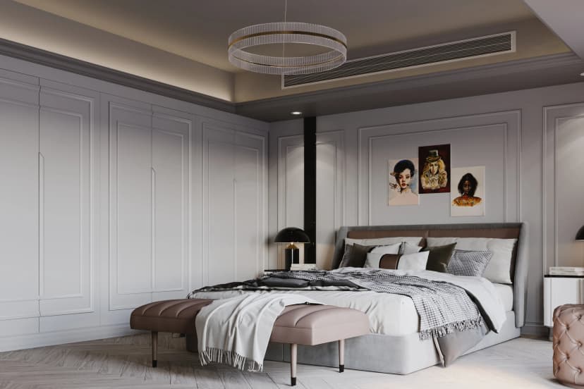 Bedroom with neutral tones and wall paneling