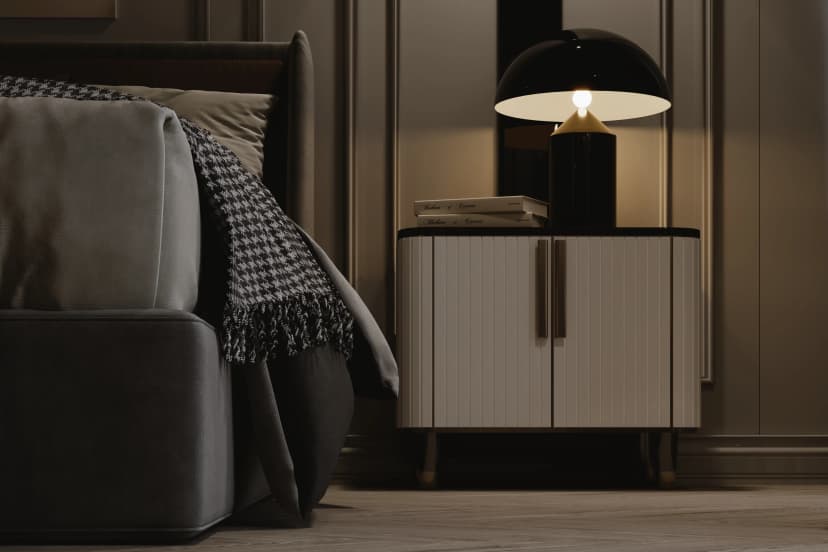 Bedroom with neutral tones and wall paneling