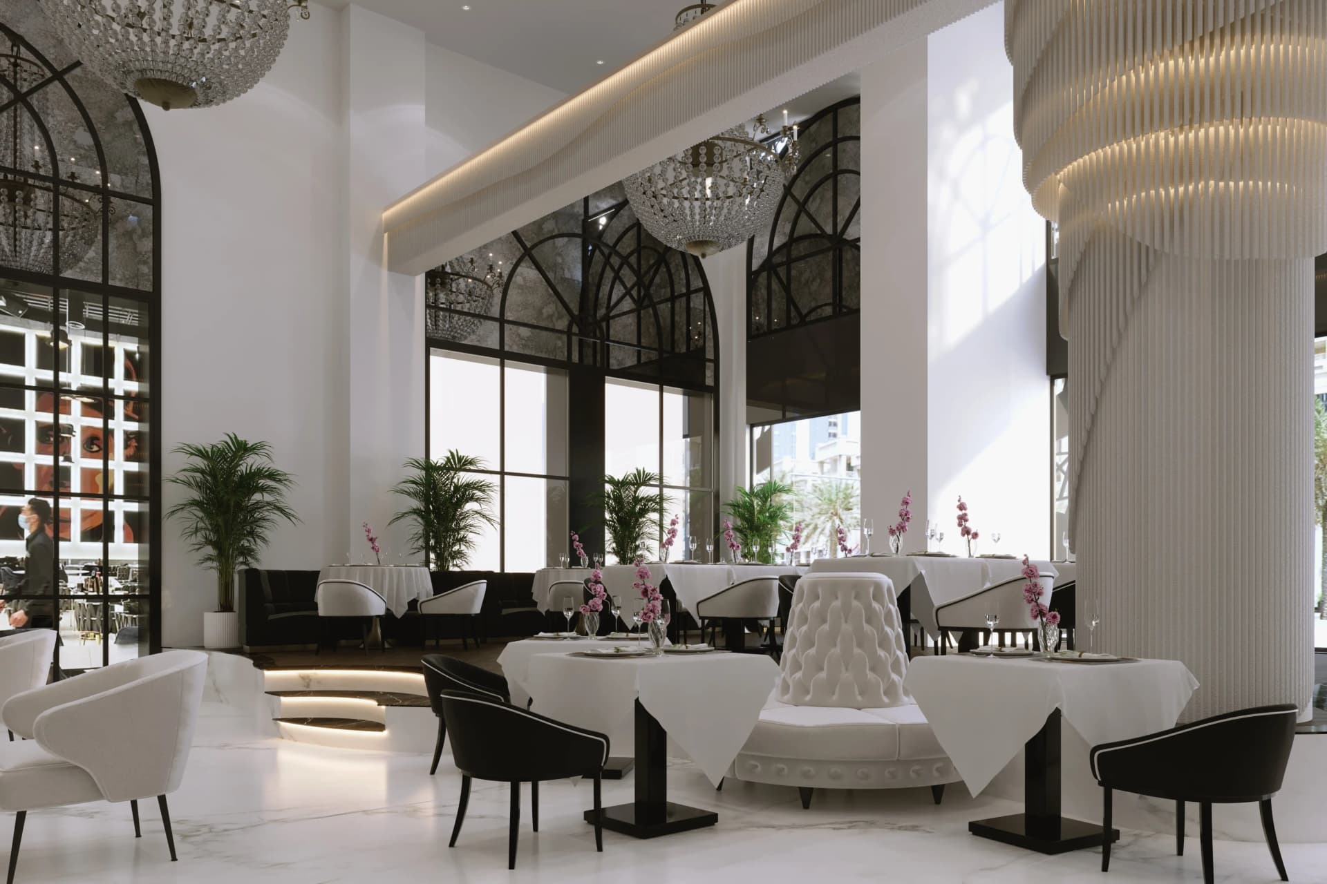 Modern monochrome restaurant interior Design in Downtown Dubai with black accents, offering a cool dining atmosphere.