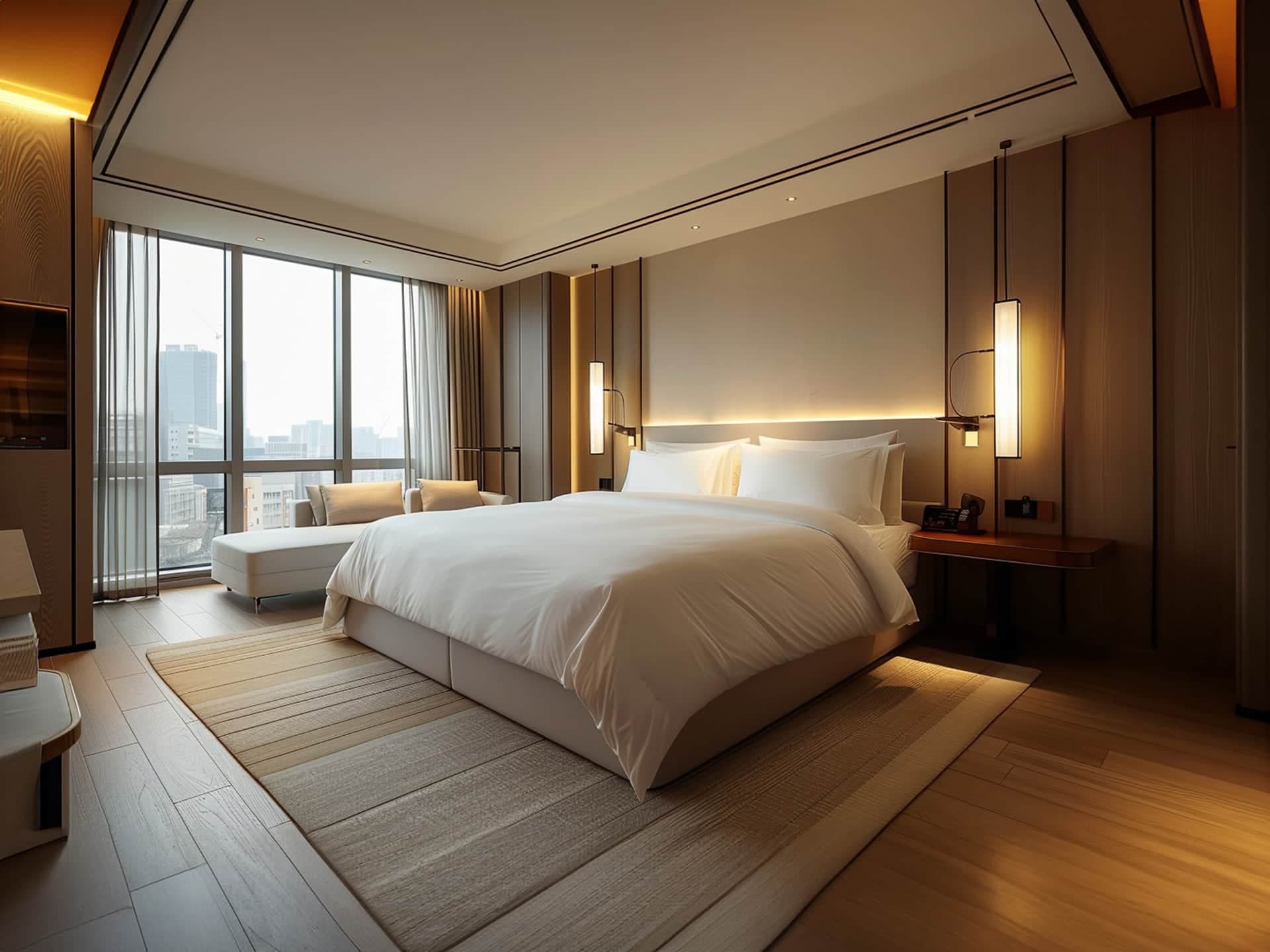 Luxury hotel Interior Design Dubai: Bedroom with king bed, city view, balcony, and private bathroom