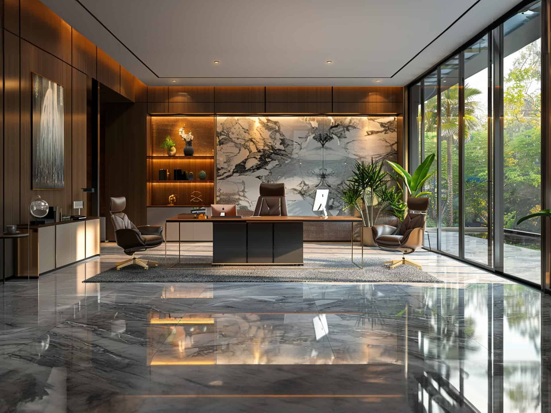 Premium office Interior design in Dubai with marble floors, wood table, and leather chairs